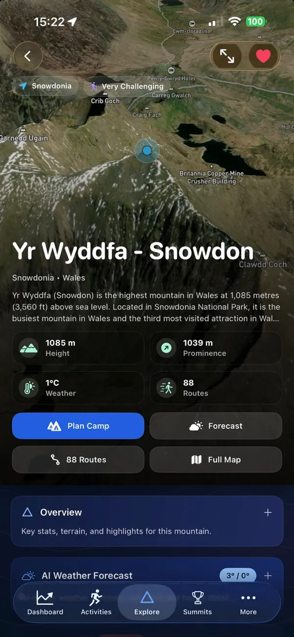 Mountain pages in the Peakify app